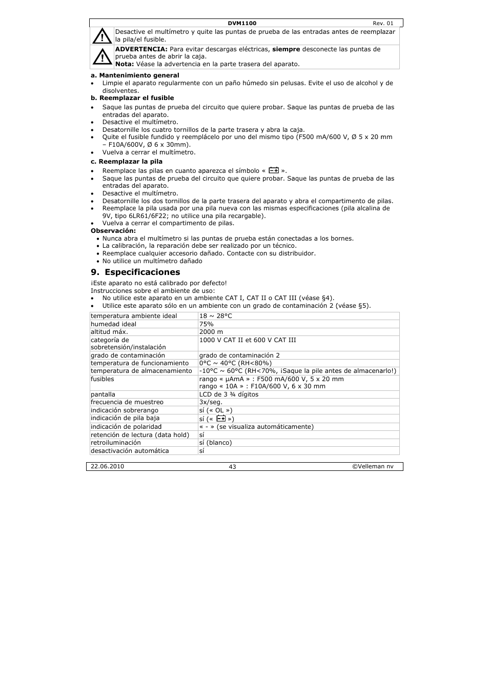 Pecificacio, Ones | Velleman DVM1100 User Manual | Page 43 / 70