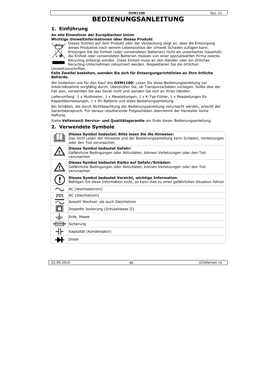 Bedien, Nungs, Sanleit | Tung, Nführung, Rwendete, Symbole | Velleman DVM1100 User Manual | Page 46 / 70