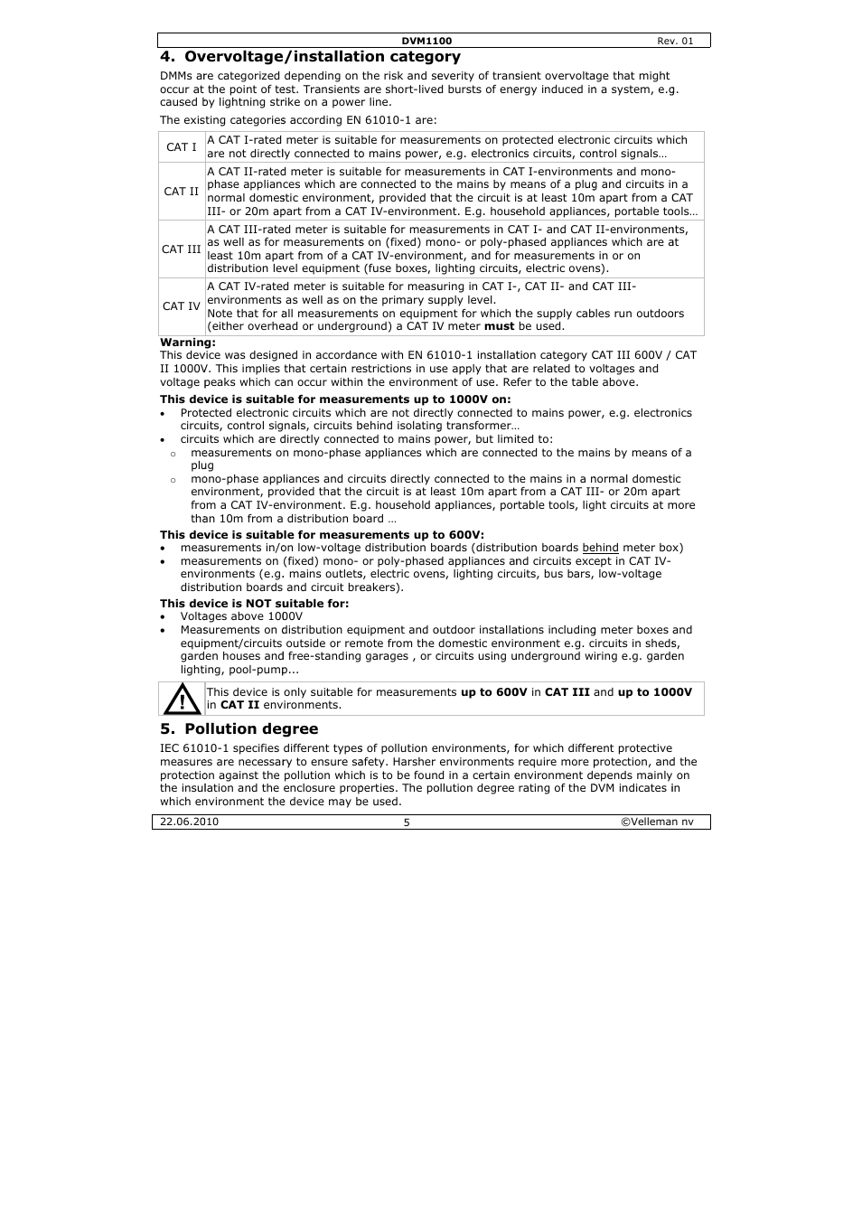 Vervoltage, Llution deg, E/installat | Gree, Ion catego | Velleman DVM1100 User Manual | Page 5 / 70