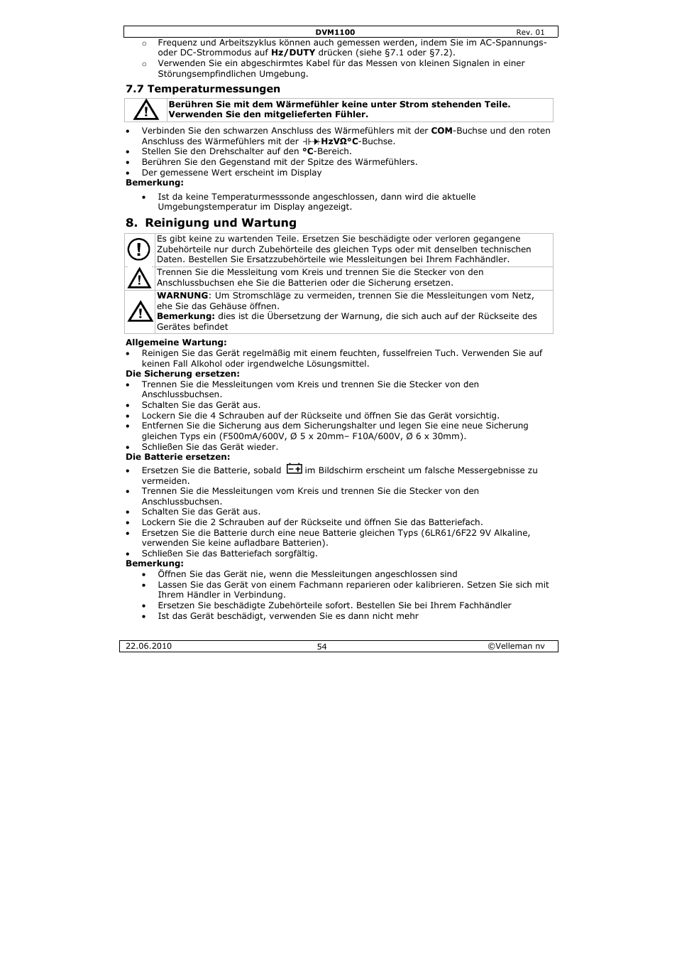 Einigung u, Nd wartun | Velleman DVM1100 User Manual | Page 54 / 70