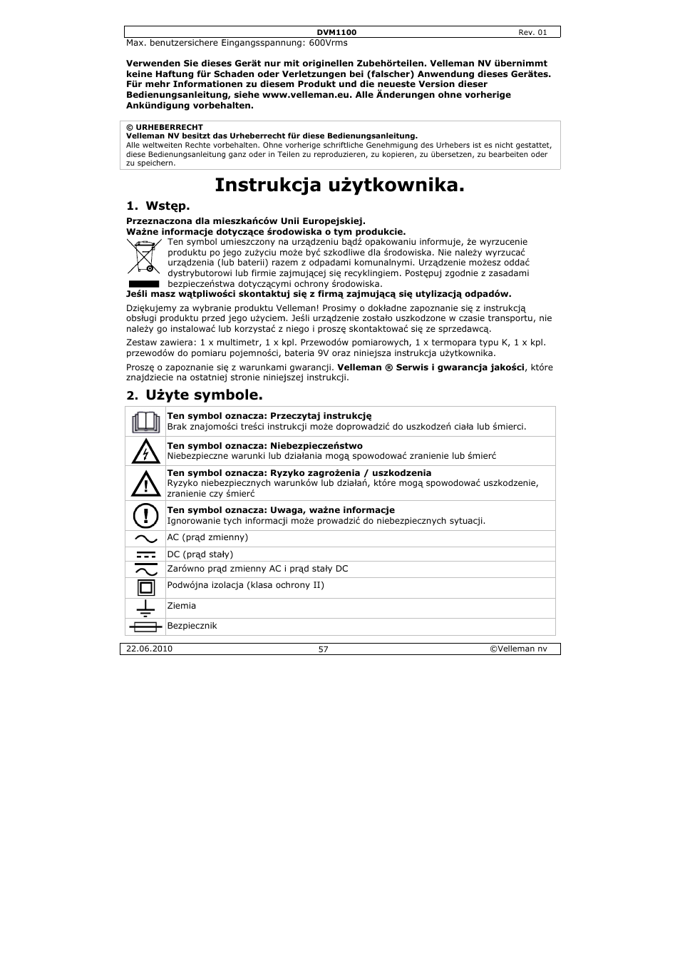 Instruk, Kcja uż, Żytkow | Wnika, Żyte sym, Mbole, Stęp | Velleman DVM1100 User Manual | Page 57 / 70