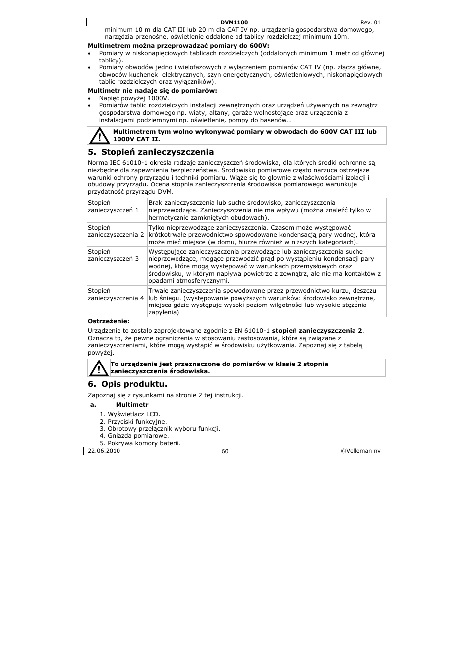 Opień zani, Pis produk, Ieczyszcze | Enia | Velleman DVM1100 User Manual | Page 60 / 70