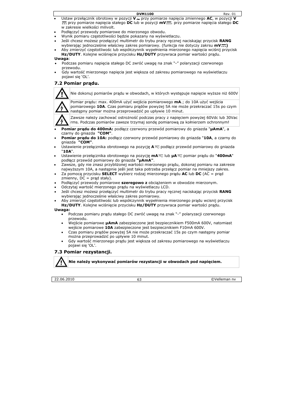 Velleman DVM1100 User Manual | Page 63 / 70