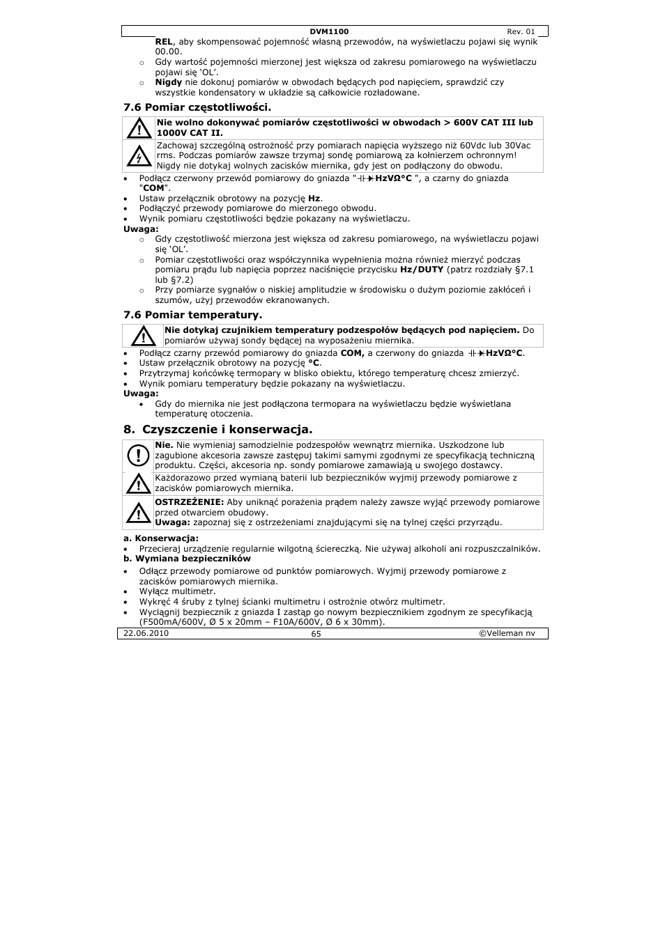 Yszczenie, I konserw, Wacja | Velleman DVM1100 User Manual | Page 65 / 70