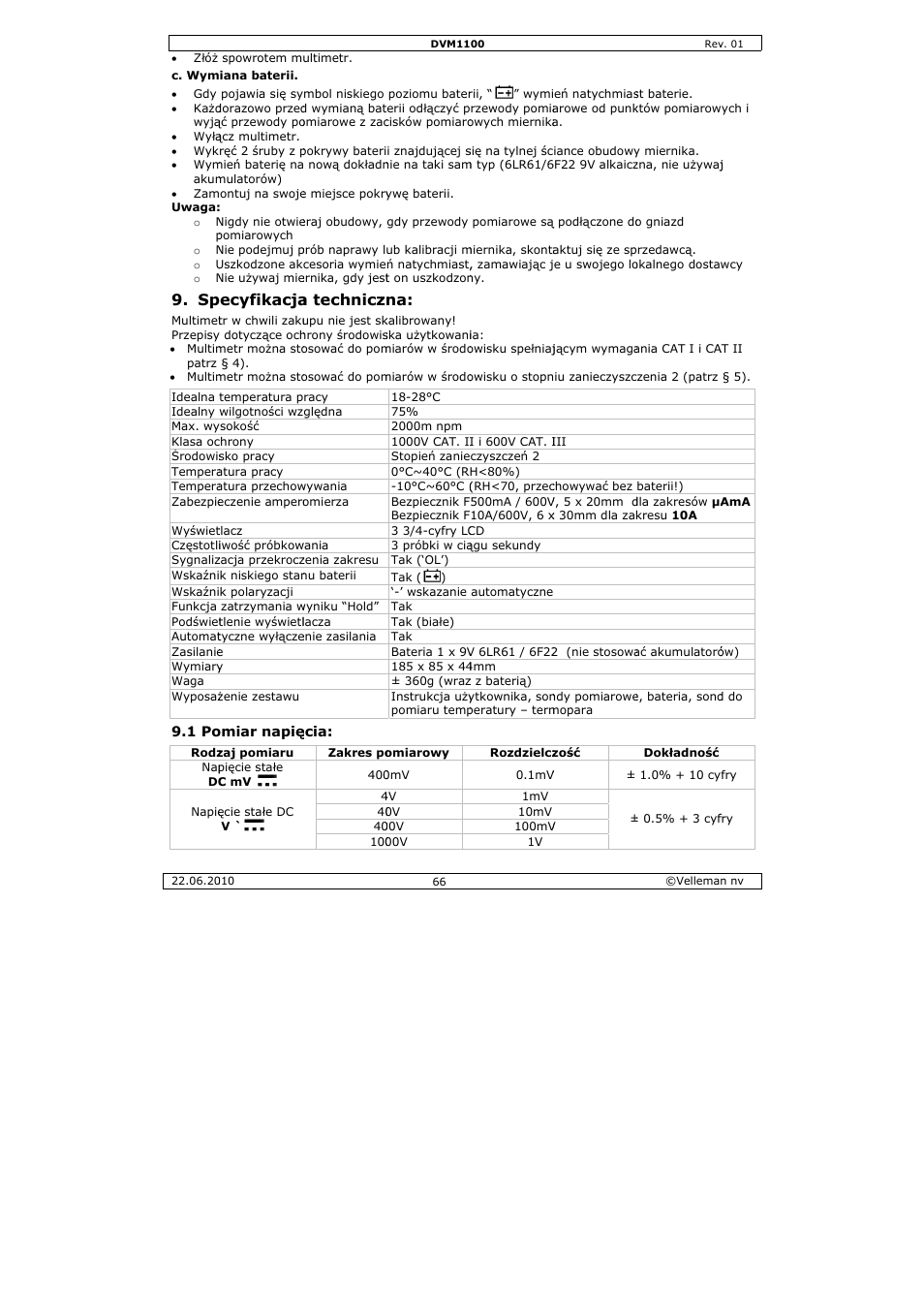 Ecyfikacja, A technicz | Velleman DVM1100 User Manual | Page 66 / 70