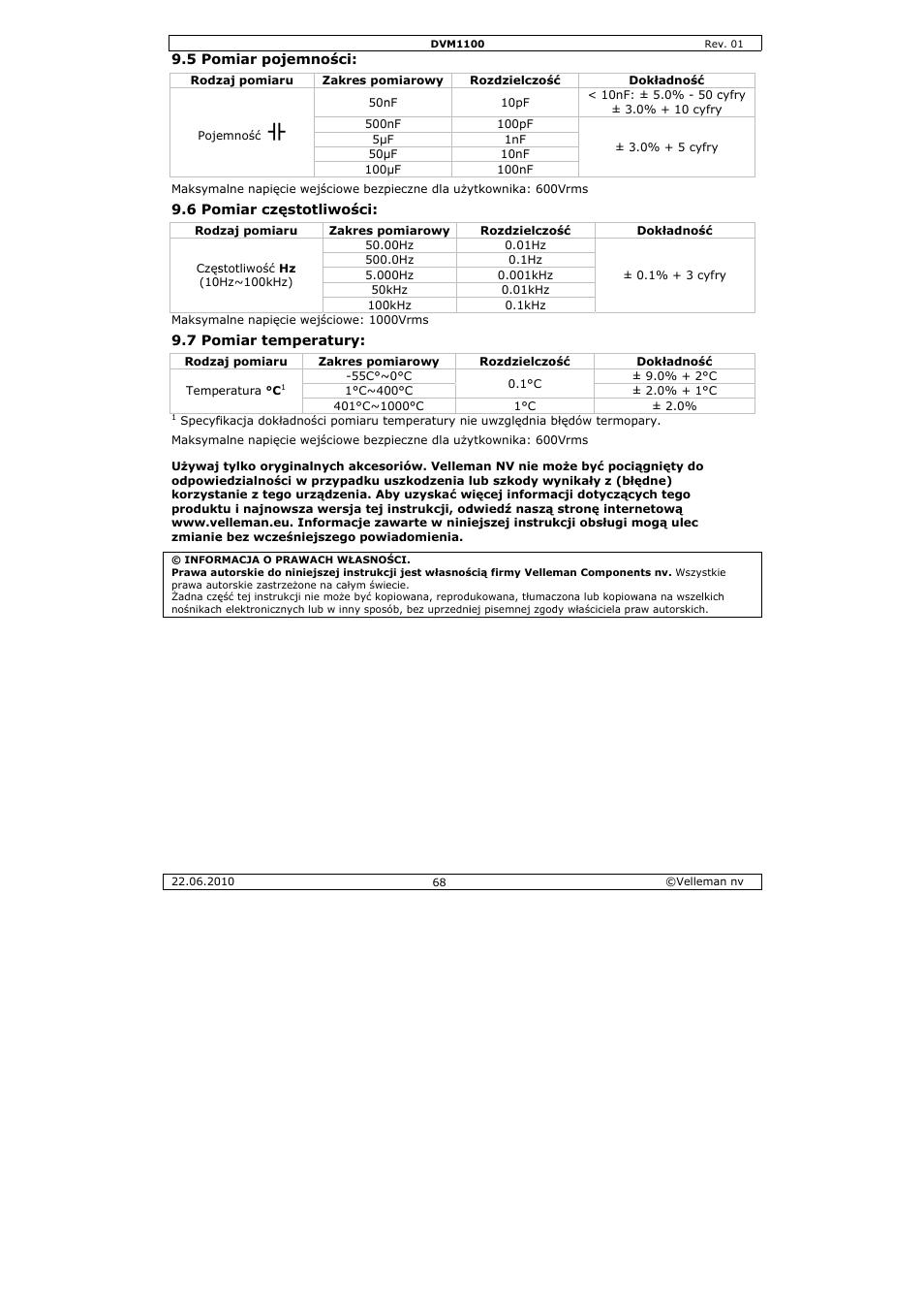 Velleman DVM1100 User Manual | Page 68 / 70