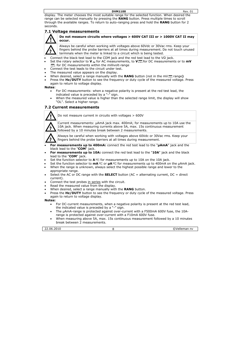 Velleman DVM1100 User Manual | Page 8 / 70