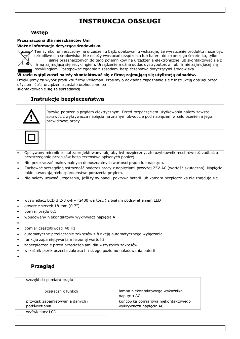 Instrukcja obsługi, Wstęp, Instrukcje bezpieczeństwa | Funkcje, Przegląd | Velleman DCM269 User Manual | Page 21 / 28
