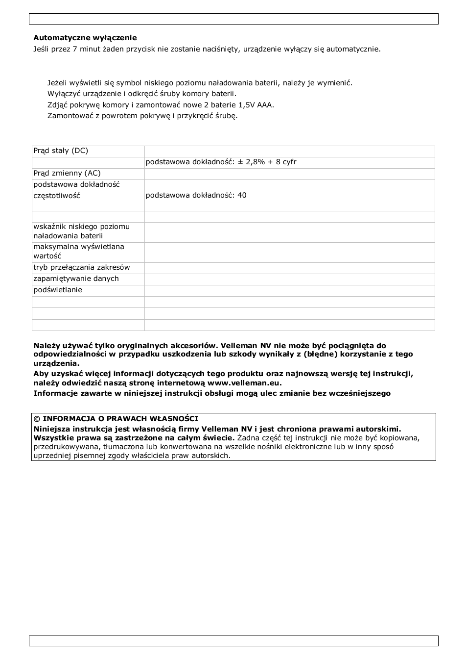 Wymiana baterii, Specyfikacja techniczna | Velleman DCM269 User Manual | Page 23 / 28