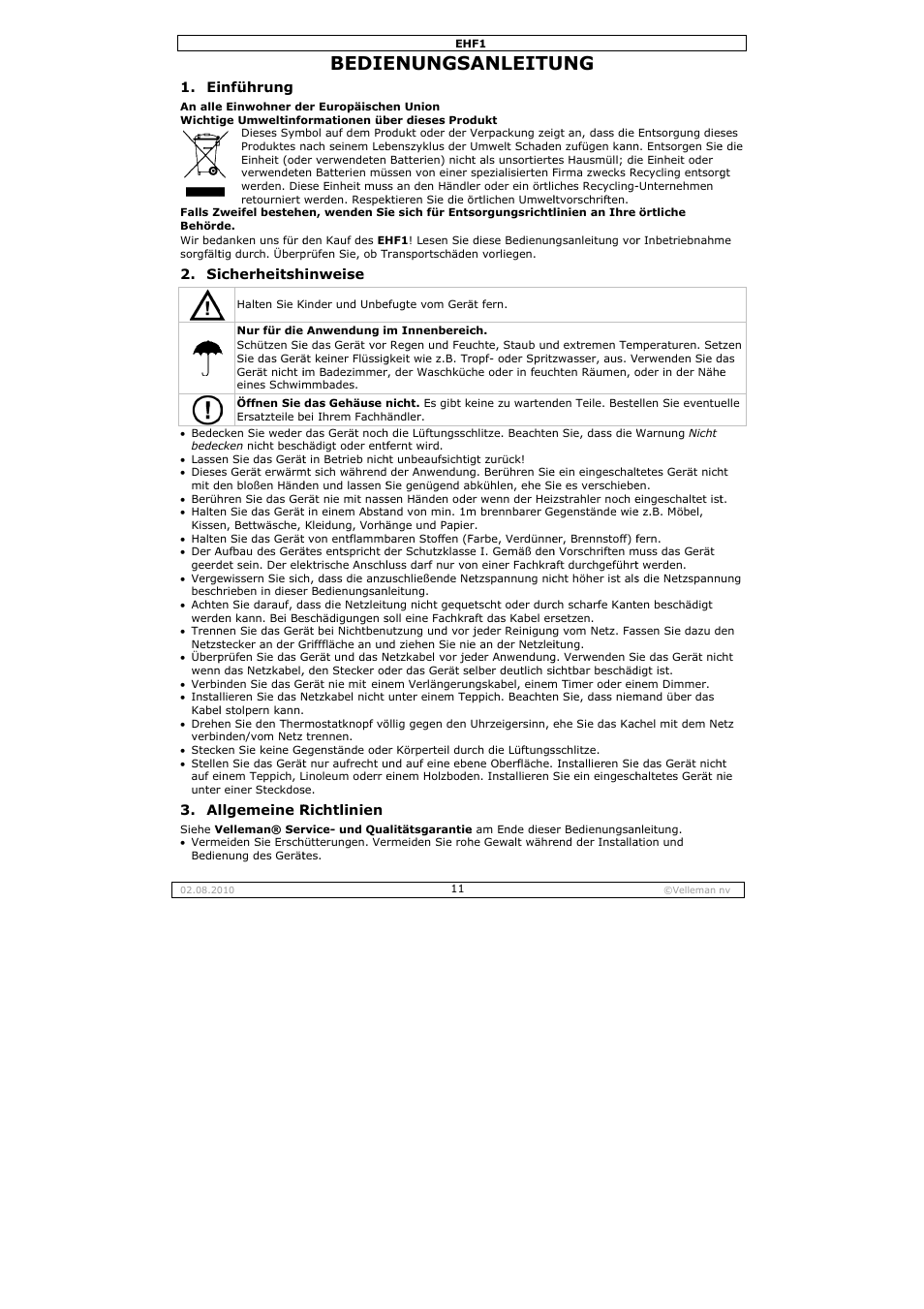 Bedie, Enungs, Anleitu | Velleman EHF1 User Manual | Page 11 / 17