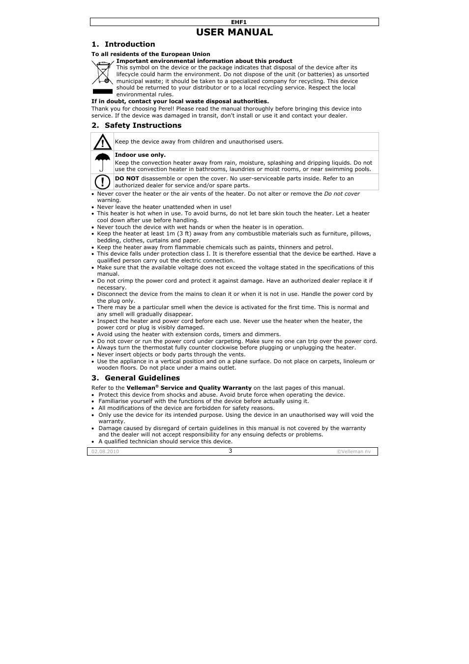User ma, Anual | Velleman EHF1 User Manual | Page 3 / 17