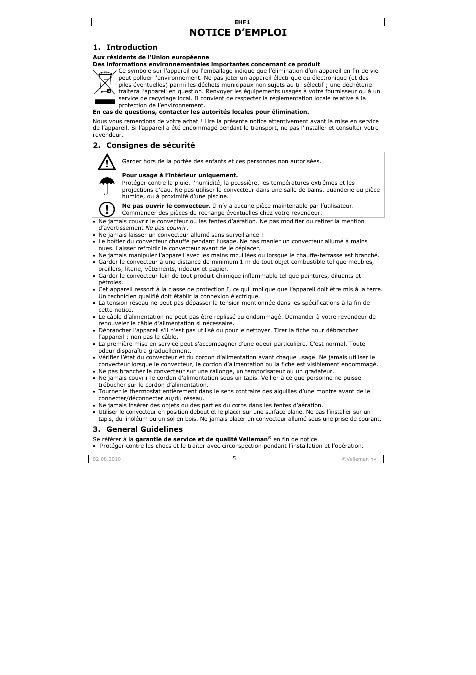 Otice d, Emploi | Velleman EHF1 User Manual | Page 5 / 17