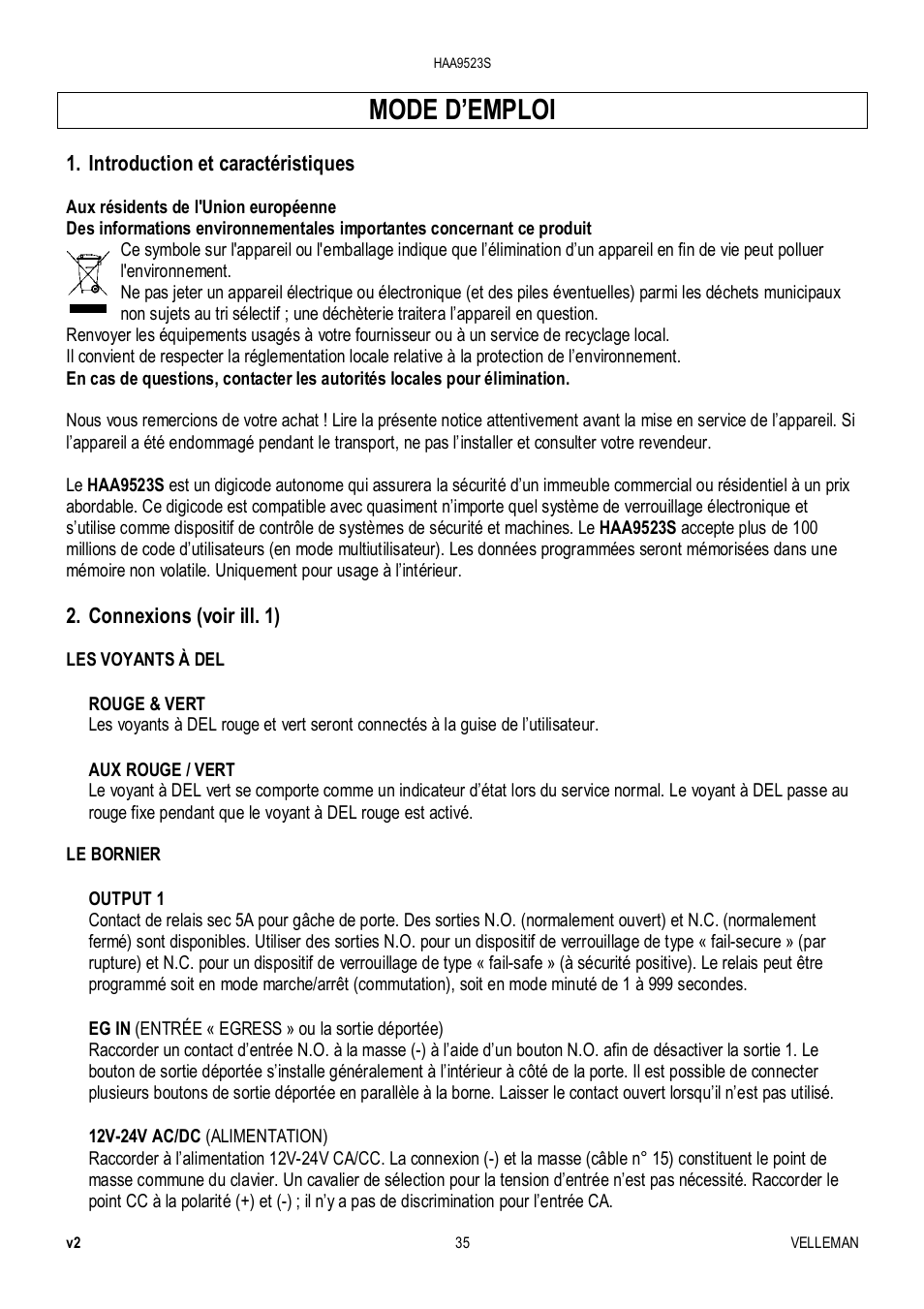 Mode d’emploi | Velleman HAA9523S User Manual | Page 35 / 84