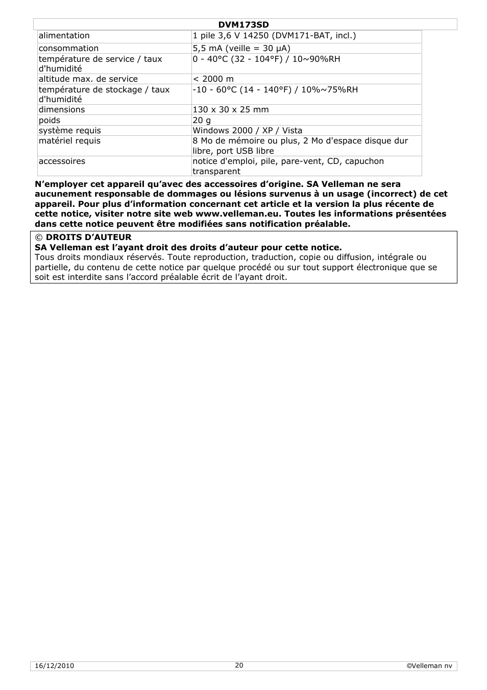Velleman DVM173SD User Manual | Page 20 / 34