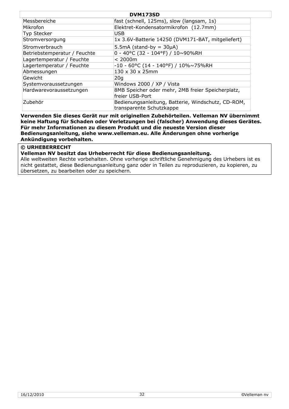 Velleman DVM173SD User Manual | Page 32 / 34