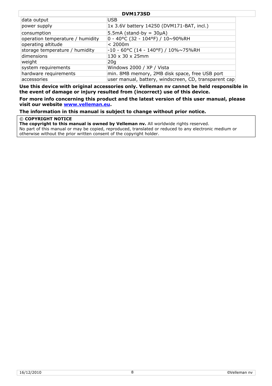 Velleman DVM173SD User Manual | Page 8 / 34