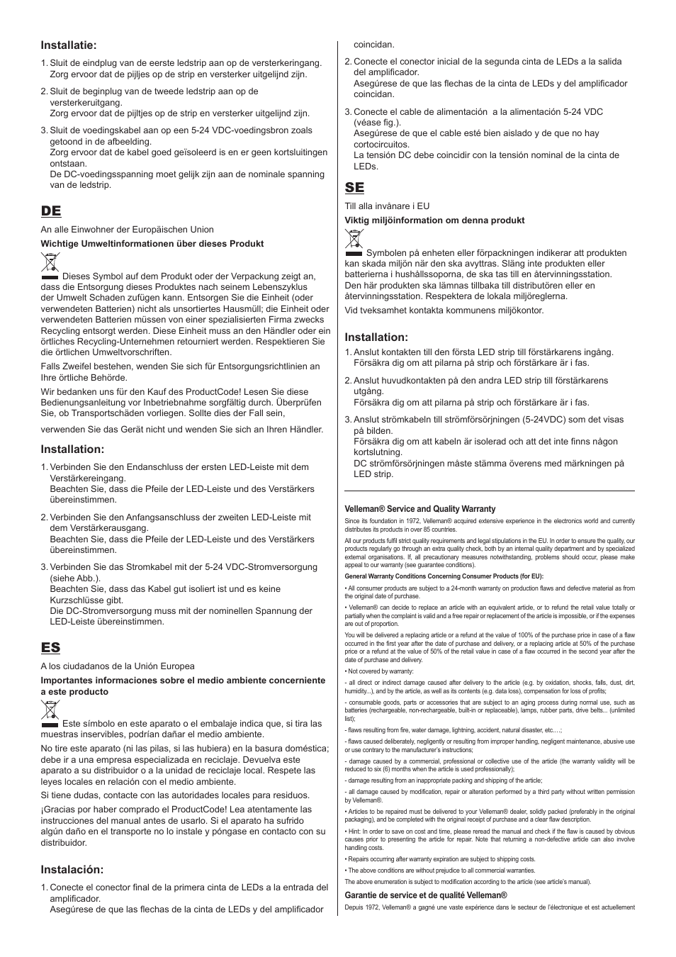 Installatie, Installation, Instalación | Velleman CHLSC5 User Manual | Page 2 / 3