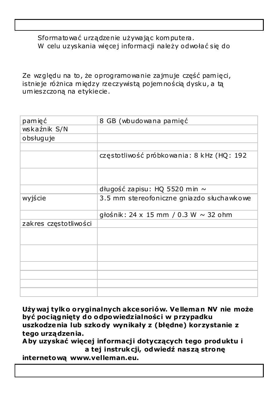 Specyfikacja techniczna | Velleman MVR4 User Manual | Page 63 / 71