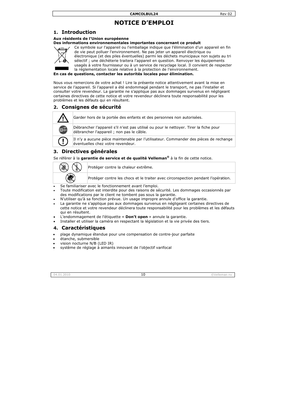Otice d, Emploi, Troduction | Nsignes d, Rectives gé, Ractéristiq, E sécurité, Énérales, Ques | Velleman CAMCOLBUL24 User Manual | Page 10 / 20
