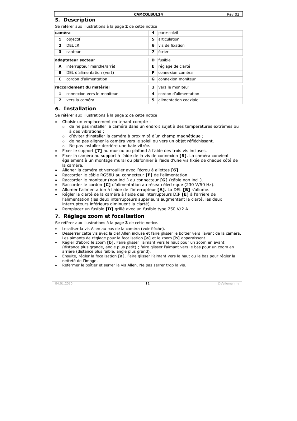 Description, Installation, Réglage zoom et focalisation | Velleman CAMCOLBUL24 User Manual | Page 11 / 20