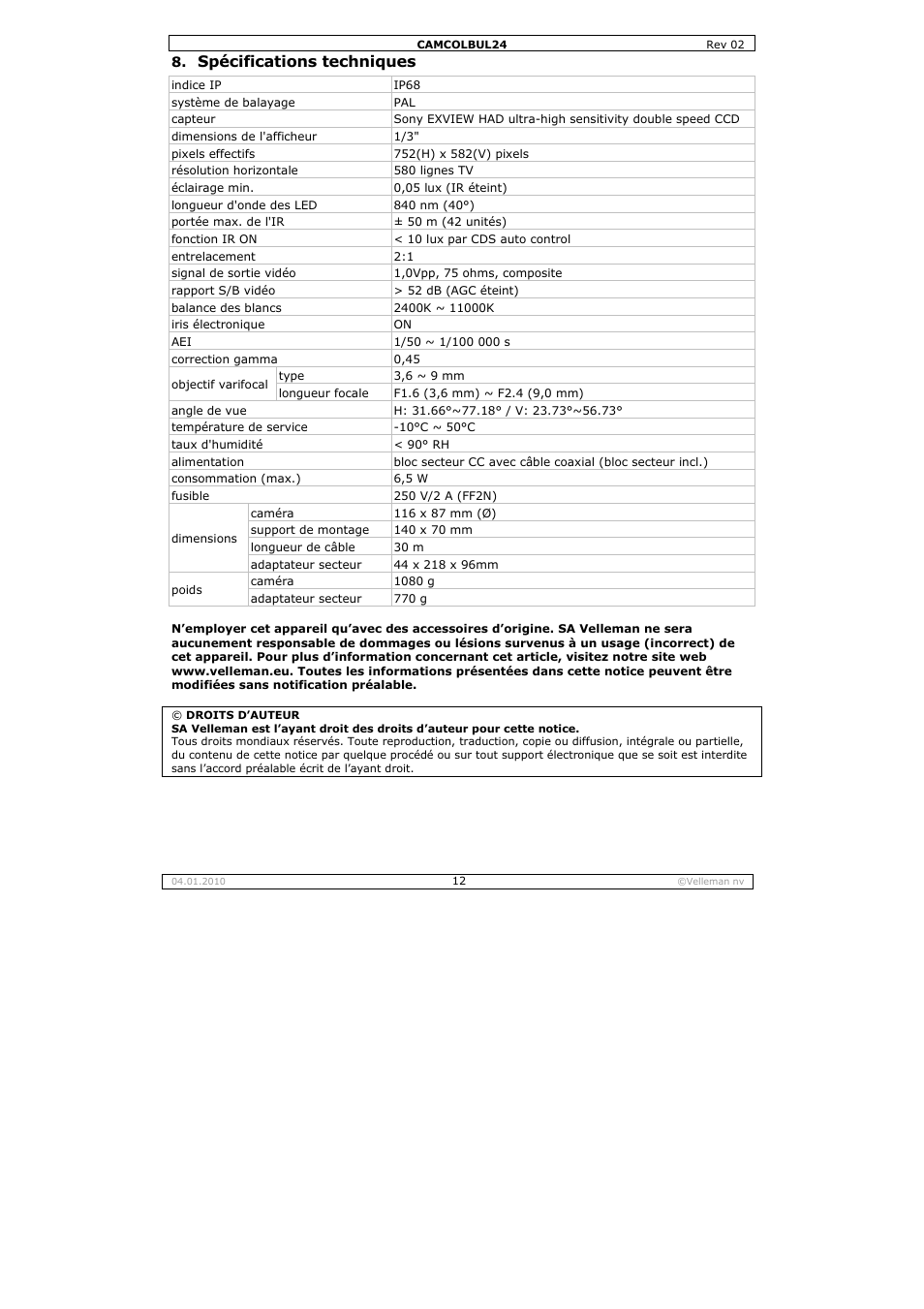 Spécifications techniques | Velleman CAMCOLBUL24 User Manual | Page 12 / 20