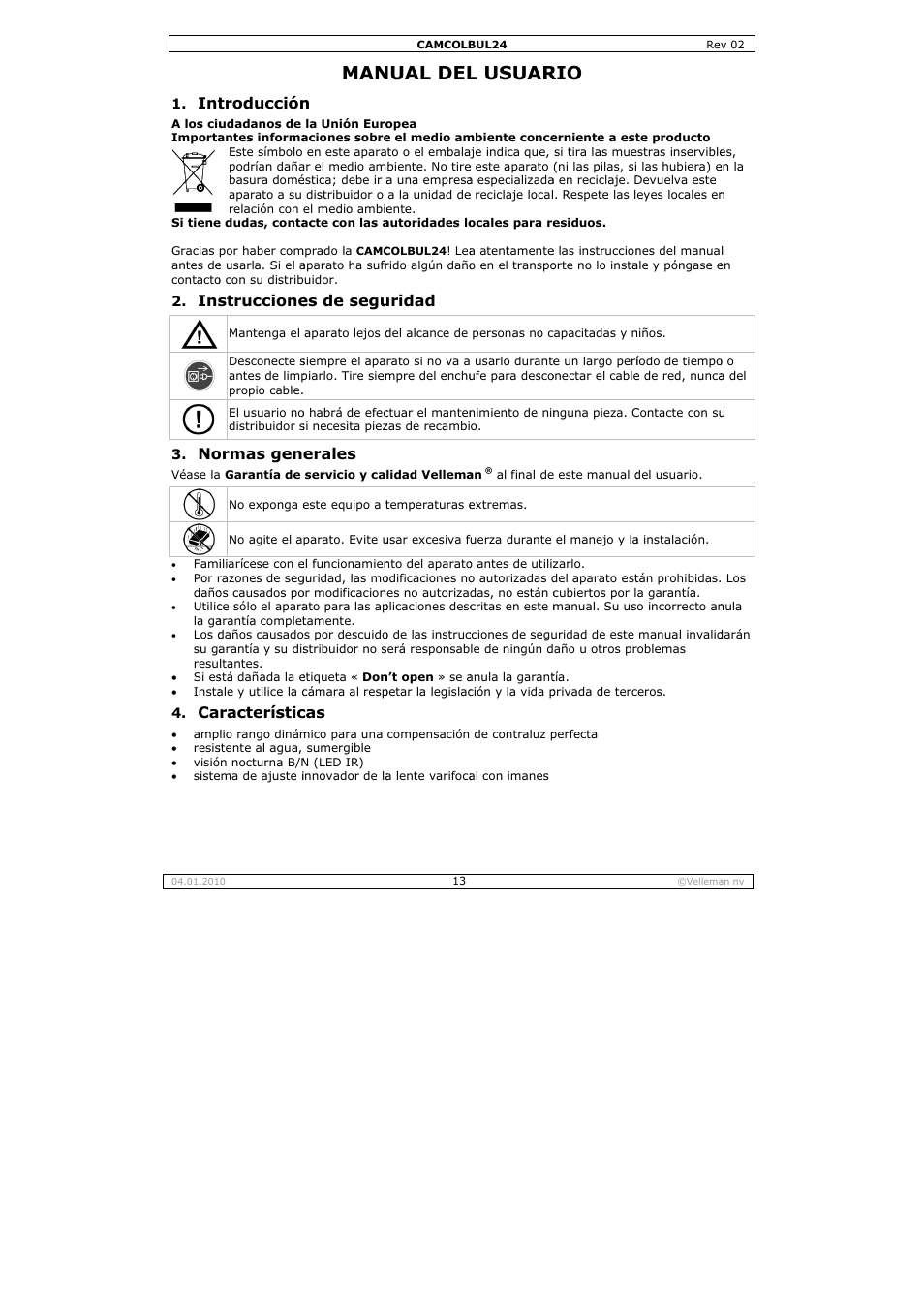 Nual del, L usuar, Troducción | Struccione, Ormas gen, Racterístic, Es de segu, Erales, Uridad | Velleman CAMCOLBUL24 User Manual | Page 13 / 20