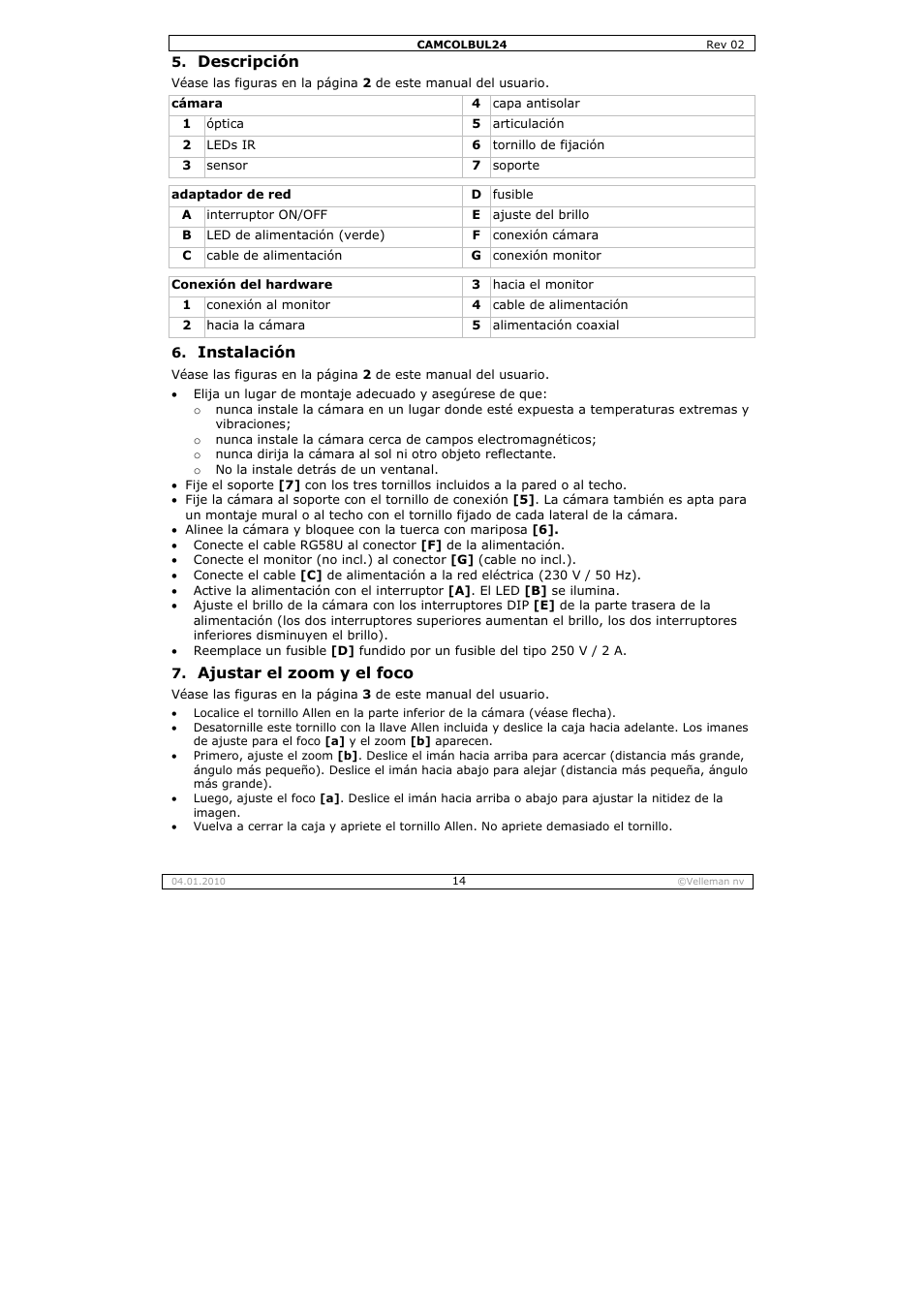 Descripción, Instalación, Ajustar el zoom y el foco | Velleman CAMCOLBUL24 User Manual | Page 14 / 20
