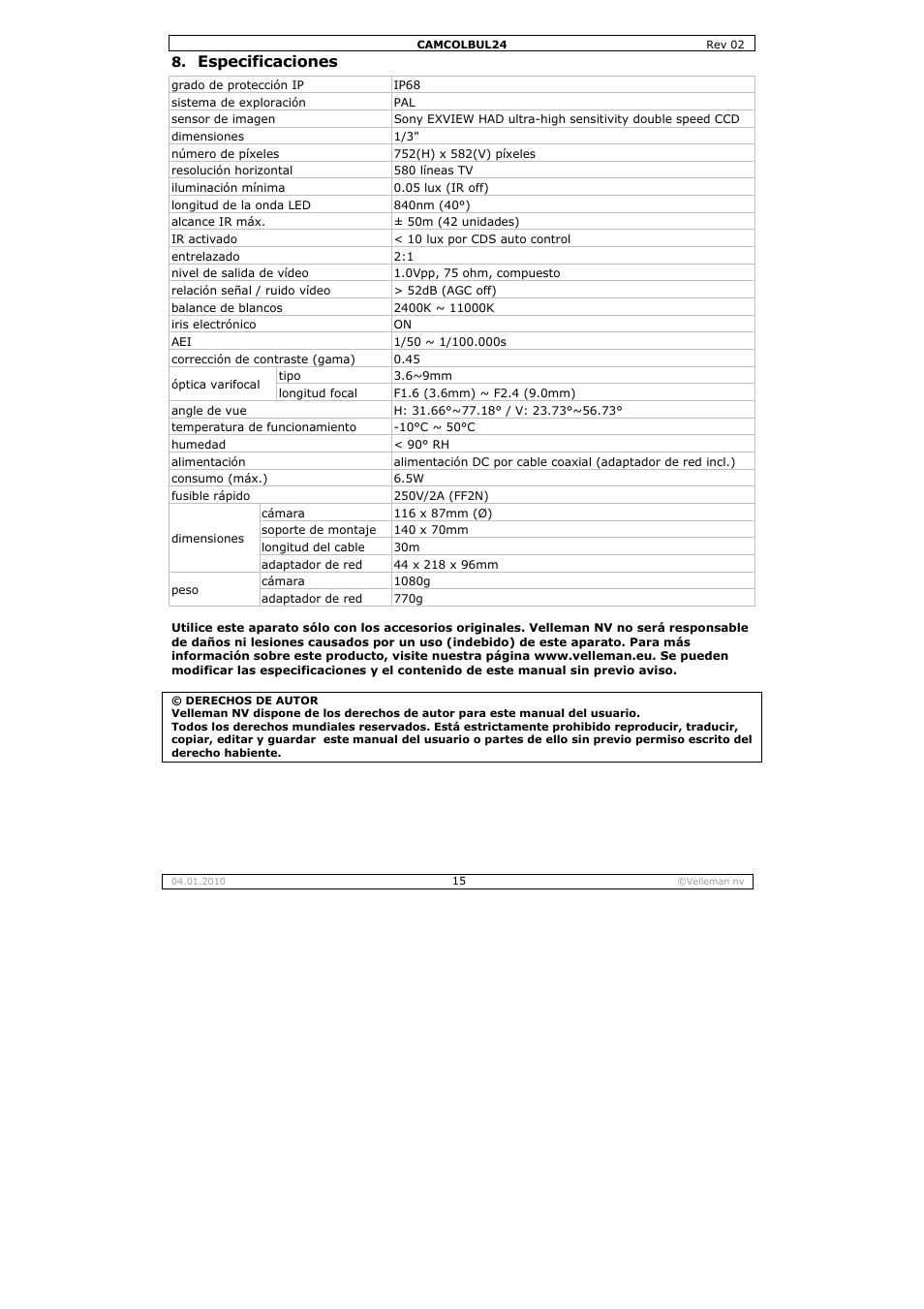 Especificaciones | Velleman CAMCOLBUL24 User Manual | Page 15 / 20