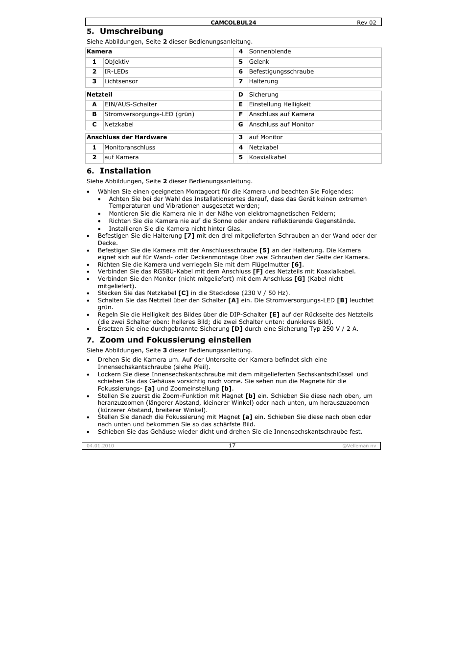 Umschreibung, Installation, Zoom und fokussierung einstellen | Velleman CAMCOLBUL24 User Manual | Page 17 / 20