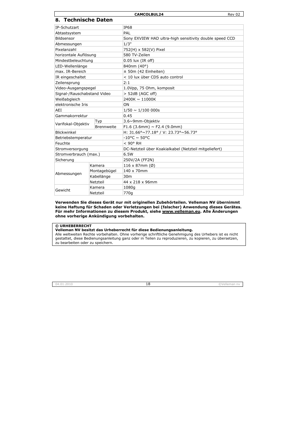Technische daten | Velleman CAMCOLBUL24 User Manual | Page 18 / 20