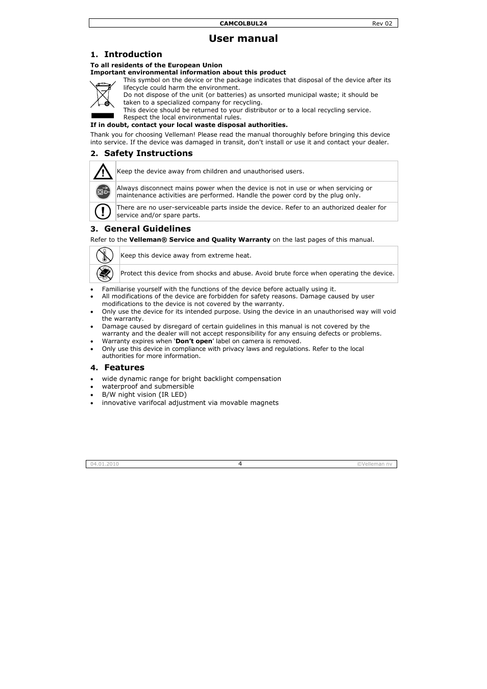 User m, Anual, Troduction | Fety instr, Eneral guid, Atures, Uctions, Delines | Velleman CAMCOLBUL24 User Manual | Page 4 / 20