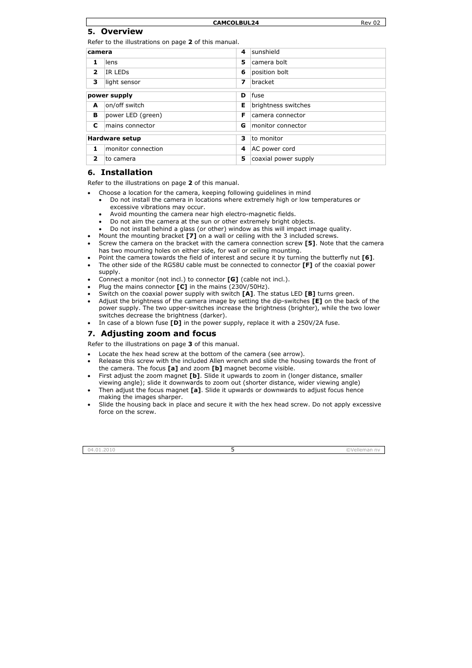 Overview, Installation, Adjusting zoom and focus | Velleman CAMCOLBUL24 User Manual | Page 5 / 20