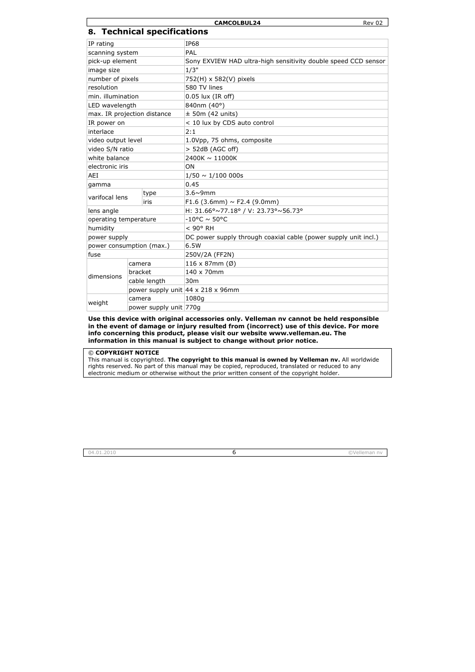 Technical specifications | Velleman CAMCOLBUL24 User Manual | Page 6 / 20