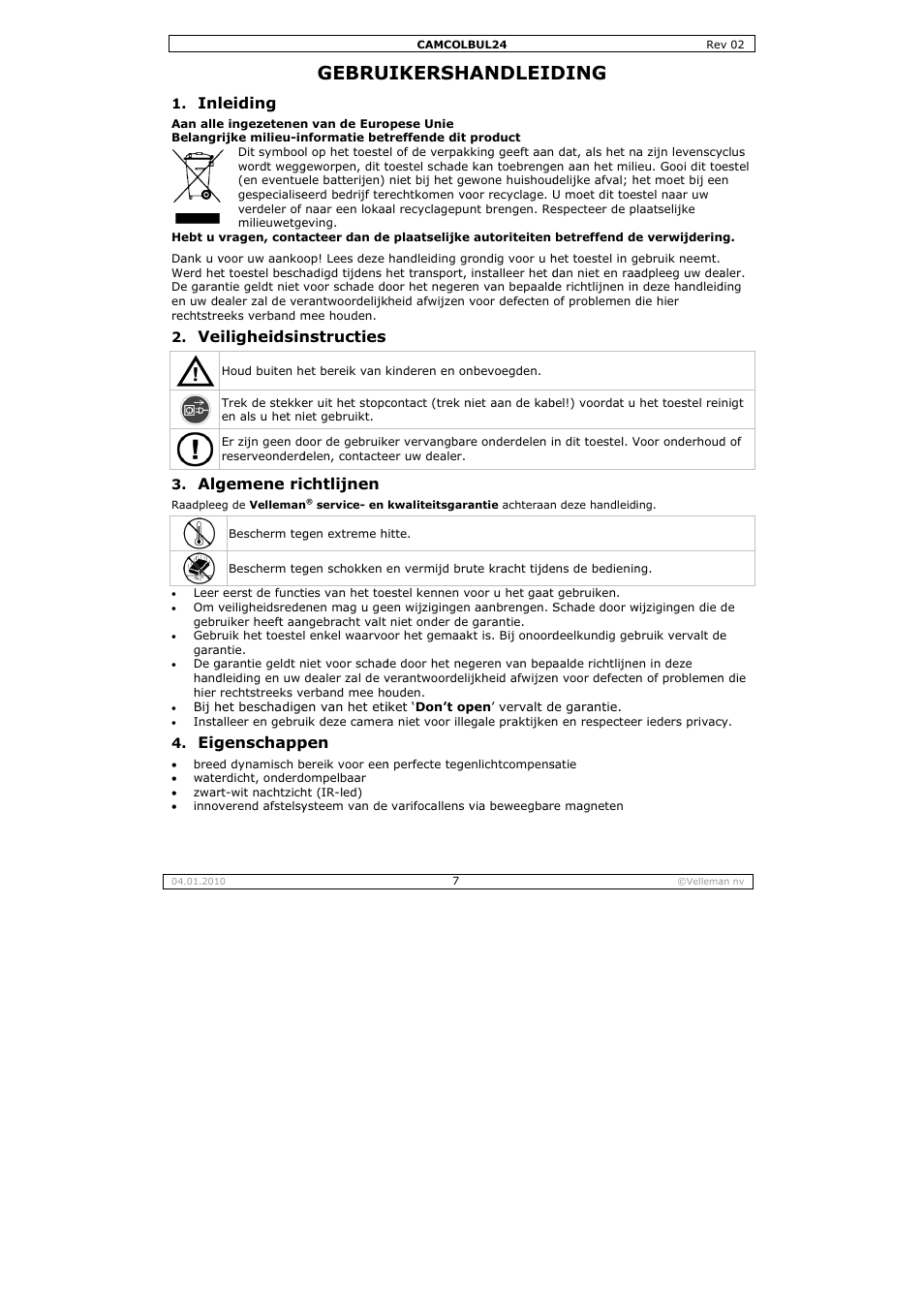 Gebru, Uikersha, Andleid | Ding, Leiding, Iligheidsin, Gemene ri, Genschapp, Nstructies, Chtlijnen | Velleman CAMCOLBUL24 User Manual | Page 7 / 20