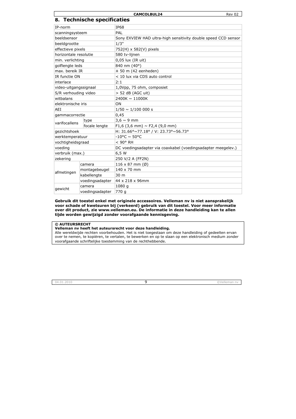 Technische specificaties | Velleman CAMCOLBUL24 User Manual | Page 9 / 20