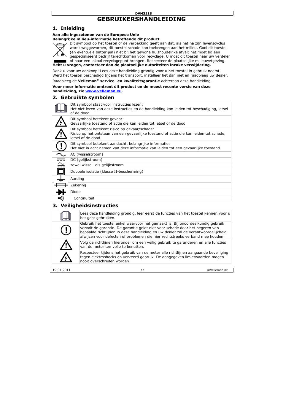 Gebru, Uikersha, Andleid | Ding, Leiding, Ebruikte sy, Iligheidsin, Ymbolen, Nstructies | Velleman DVM3218 User Manual | Page 11 / 47