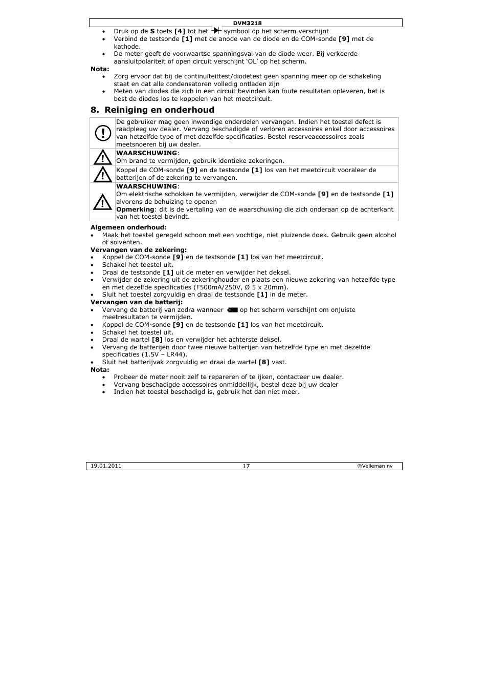 Einiging en, N onderhou | Velleman DVM3218 User Manual | Page 17 / 47