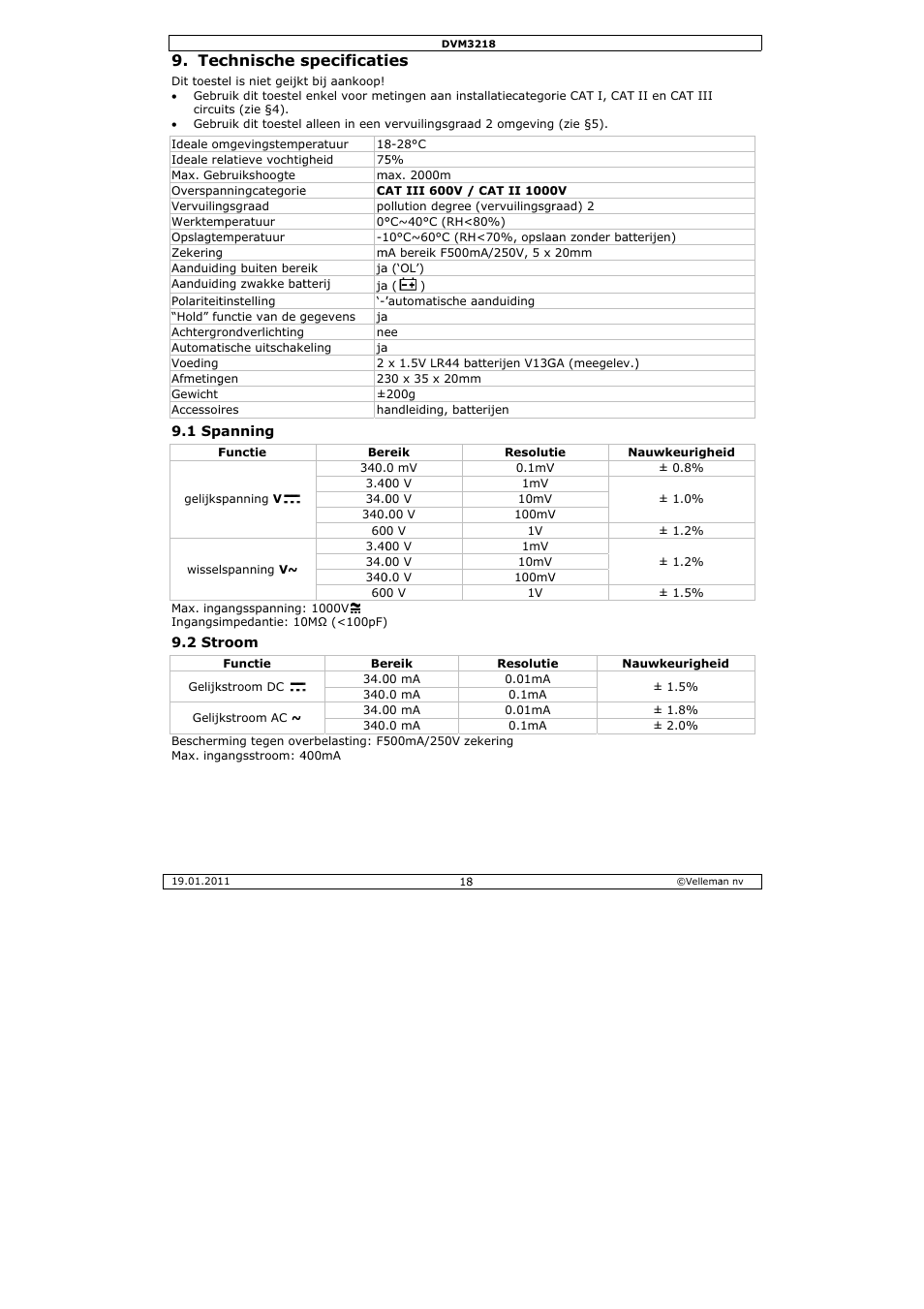 Chnische s, Specificati | Velleman DVM3218 User Manual | Page 18 / 47