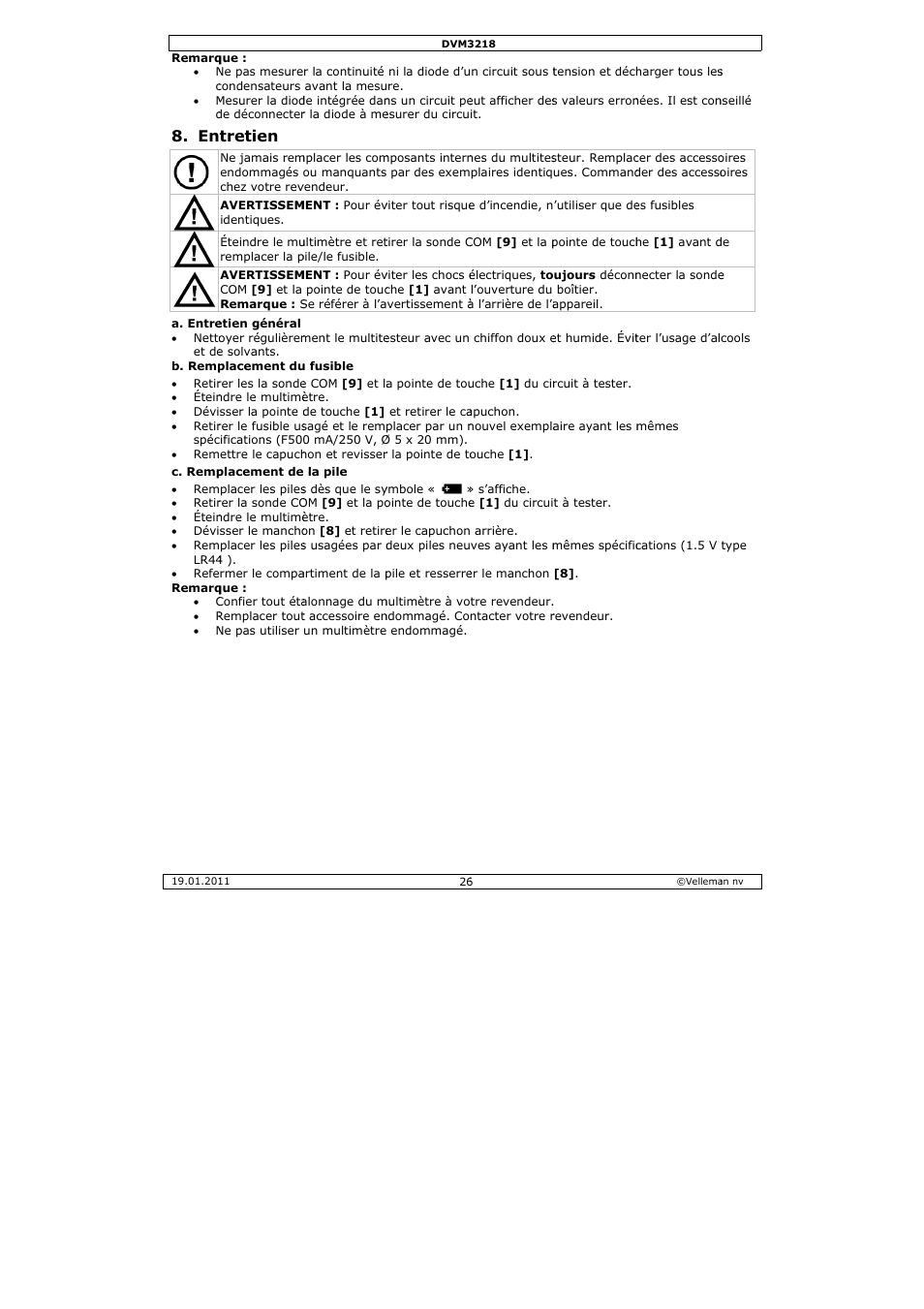 Tretien | Velleman DVM3218 User Manual | Page 26 / 47