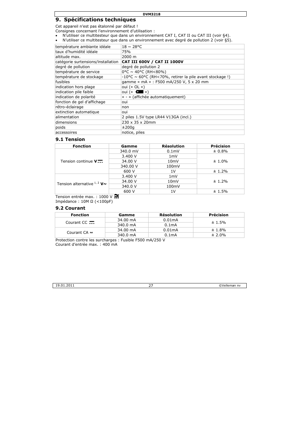 Écification, Ns techniq, Ques | Velleman DVM3218 User Manual | Page 27 / 47