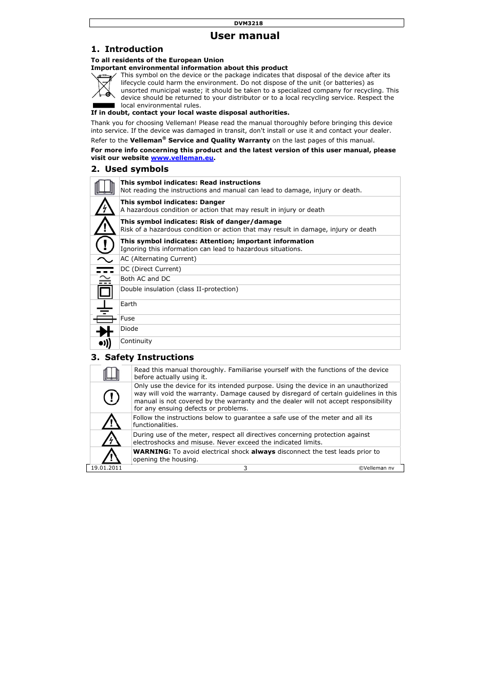 User m, Anual, Troduction | Ed symbo, Fety instr, Uctions | Velleman DVM3218 User Manual | Page 3 / 47