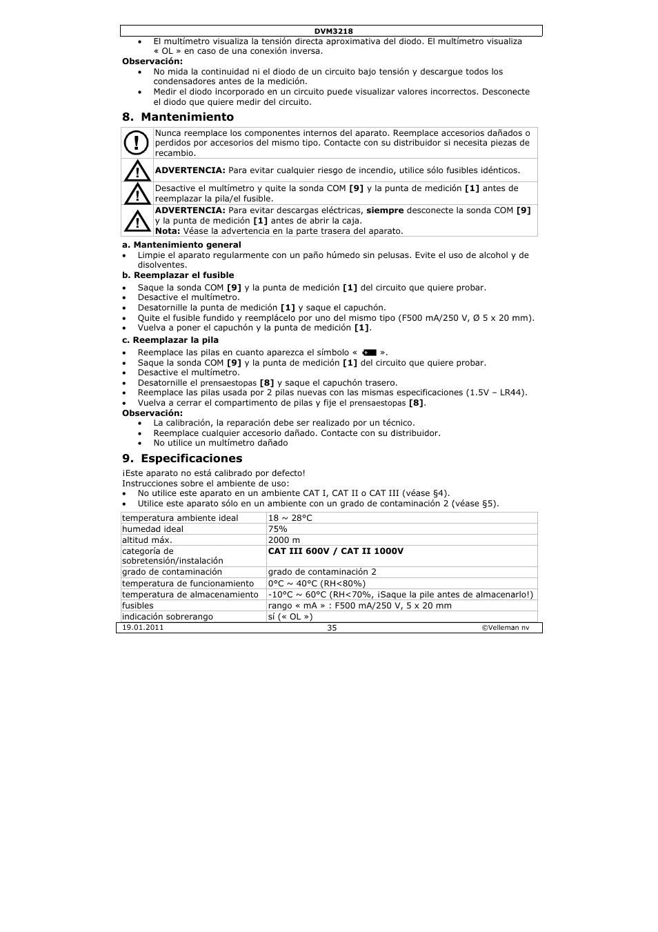Antenimien, Pecificacio, Ones | Velleman DVM3218 User Manual | Page 35 / 47