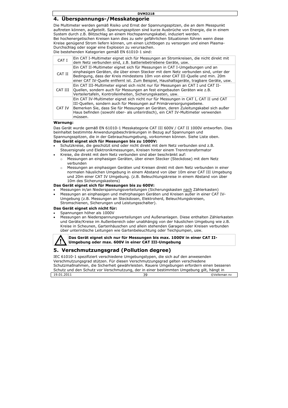Berspannu, Rschmutzu, Ngs-/mes | Ungsgrad, Skategorie, Pollution, N degree) | Velleman DVM3218 User Manual | Page 39 / 47