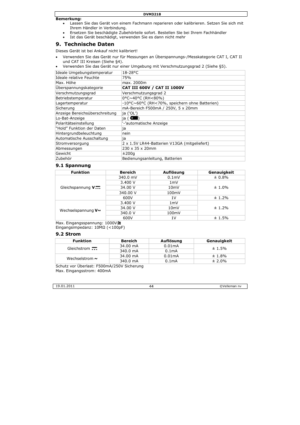 Chnische d, Daten | Velleman DVM3218 User Manual | Page 44 / 47