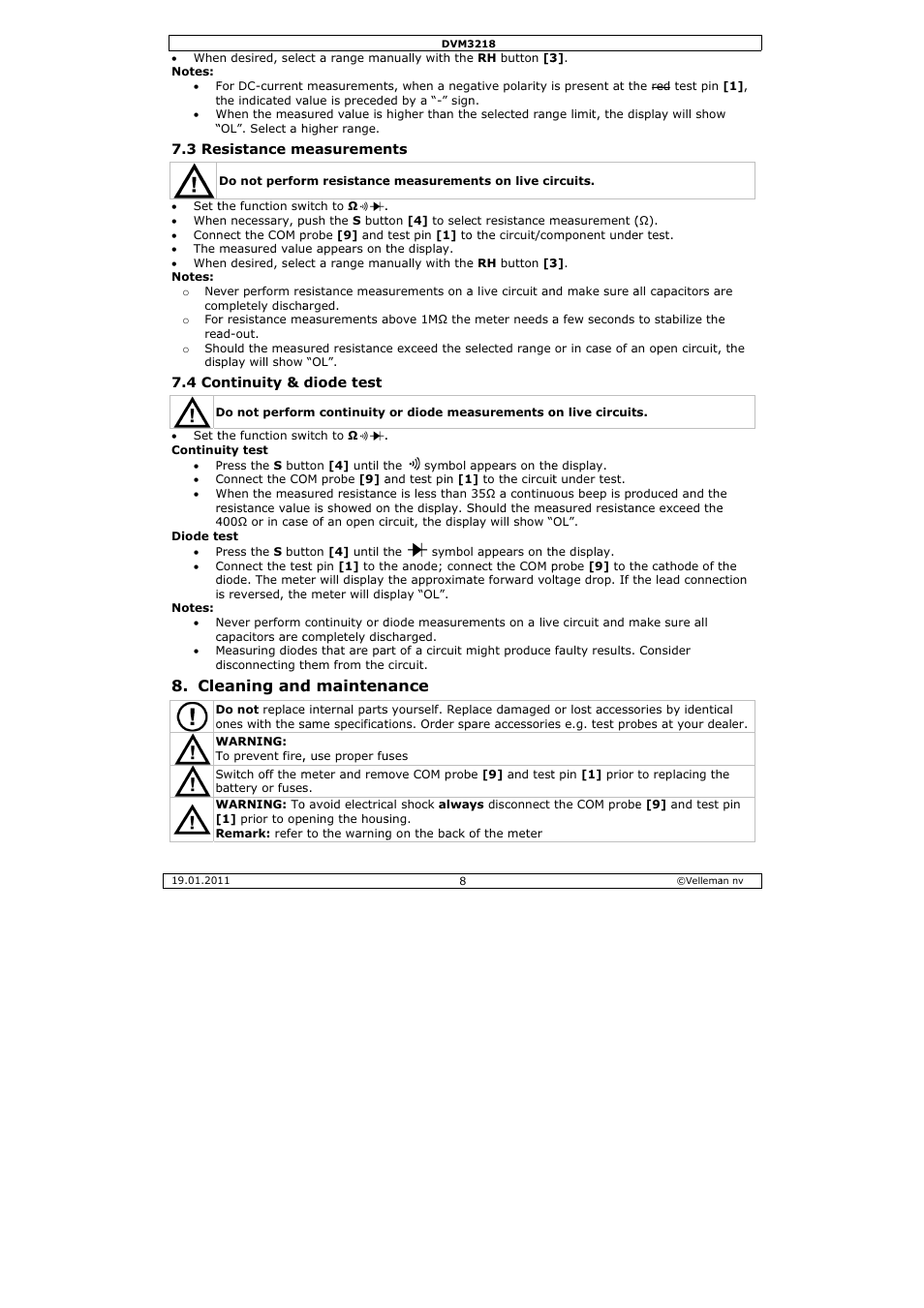 Eaning and, D mainten, Nance | Velleman DVM3218 User Manual | Page 8 / 47