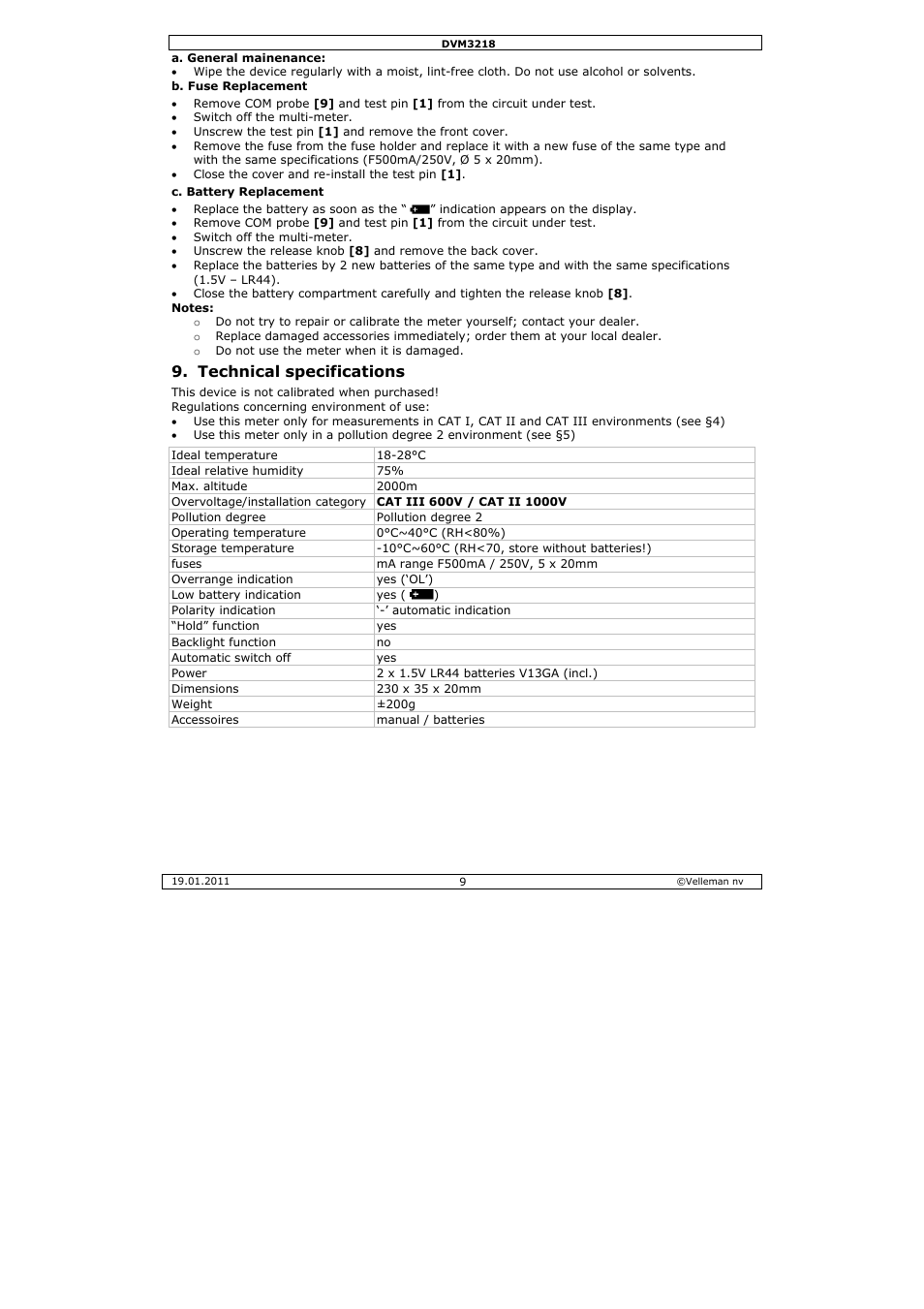 Technical specifications | Velleman DVM3218 User Manual | Page 9 / 47