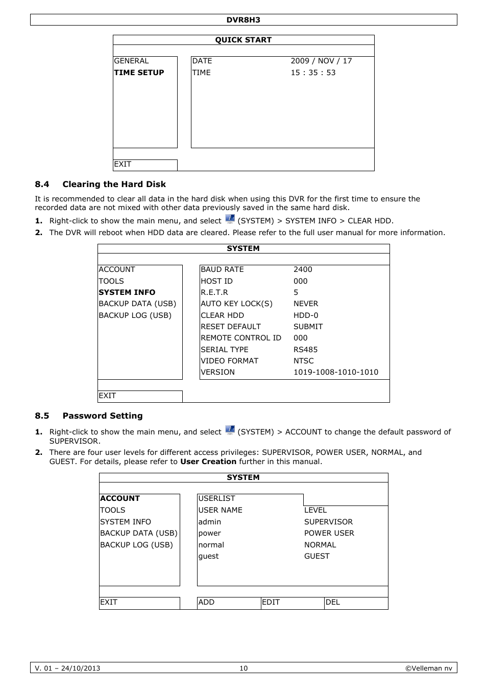 4 clearing the hard disk, 5 password setting | Velleman DVR8H3 User Manual | Page 10 / 128