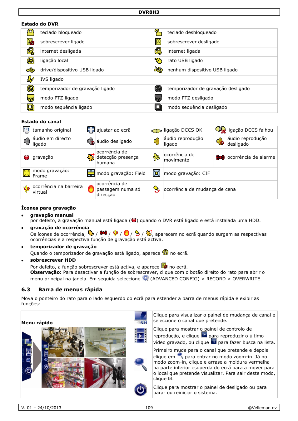 Estado do dvr, Estado do canal, Ícones para gravação | 3 barra de menus rápida | Velleman DVR8H3 User Manual | Page 109 / 128