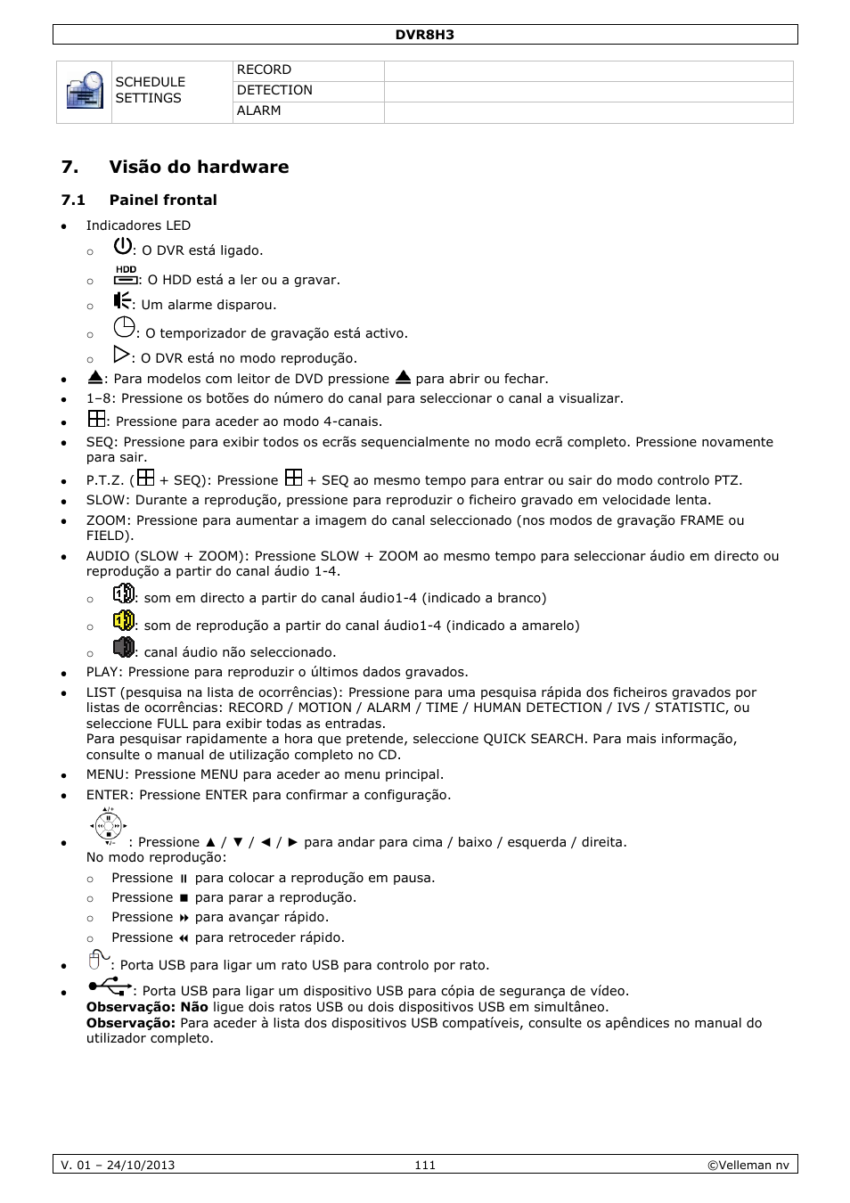 Visão do hardware, 1 painel frontal | Velleman DVR8H3 User Manual | Page 111 / 128