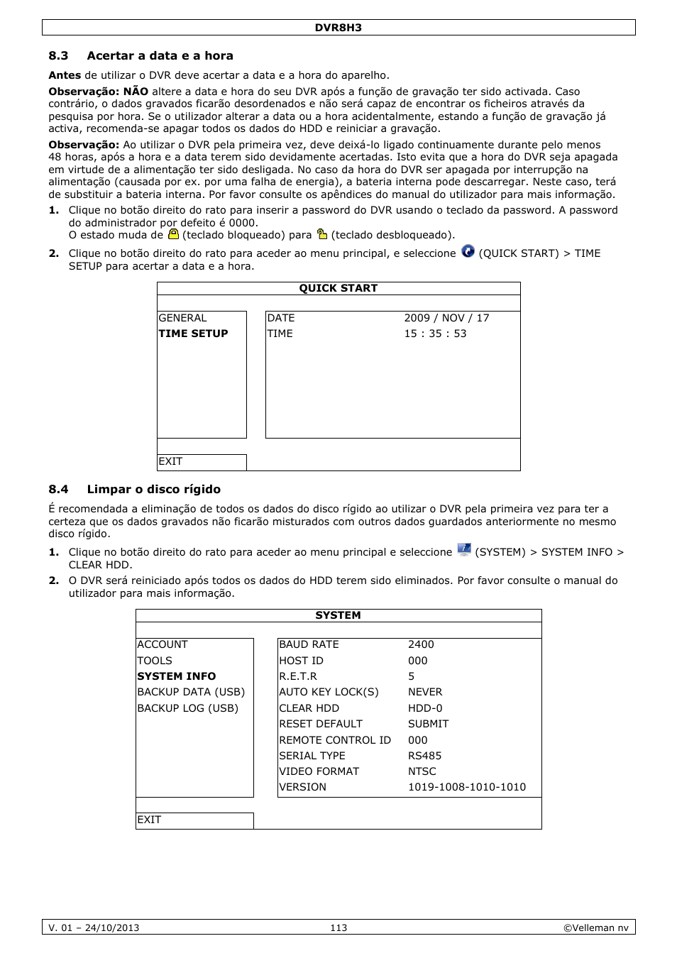 3 acertar a data e a hora, 4 limpar o disco rígido | Velleman DVR8H3 User Manual | Page 113 / 128